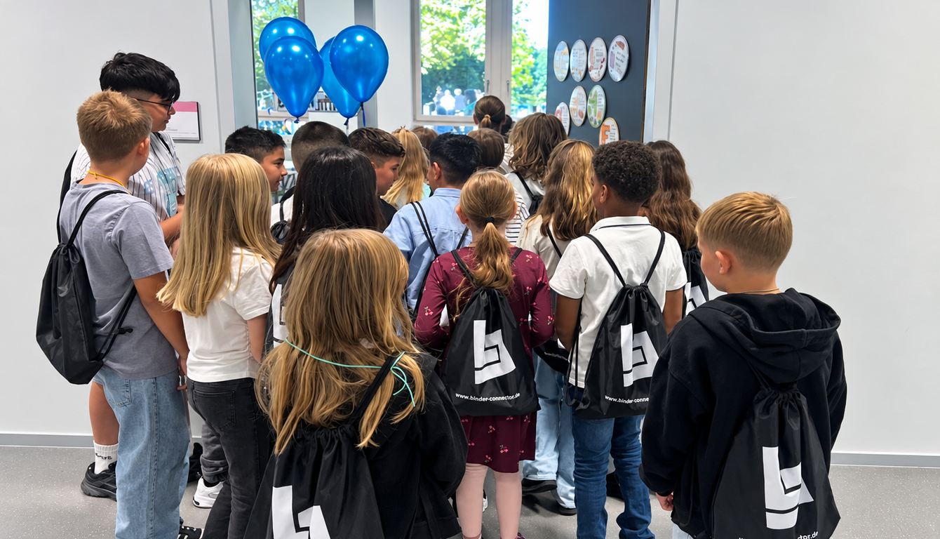Fünftklässler mit schwarzen binder Schulbeuteln bei der Einschulung an der Franz-Binder-Verbundschule Neckarsulm