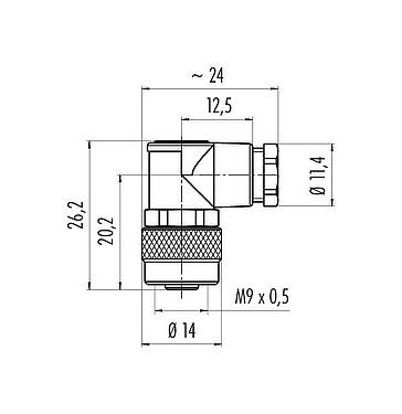 Scale drawing M9 Female angled connector, Contacts: 3, 3.5-5.0 mm, unshielded, solder, IP67