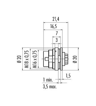 Maßzeichnung M16 Flanschstecker, Polzahl: 6 (06-a), ungeschirmt, crimpen (Crimpkontakte müssen separat bestellt werden), IP67, UL 2238, M18x0,75, Rückwandmontage