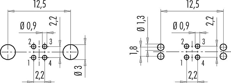 導體佈局 M9 孔頭法蘭座, : 4, 可接遮罩, THT, IP67, M12x0.5, 後壁安裝, 模压