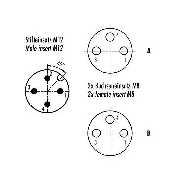 联系安排 (外掛程式側) M12/M8 双分线盒,Y 型分配器, 针头连接器 - 2 孔头连接器, 极数: 4/3, 非屏蔽, 插拔式, IP68, UL 2238