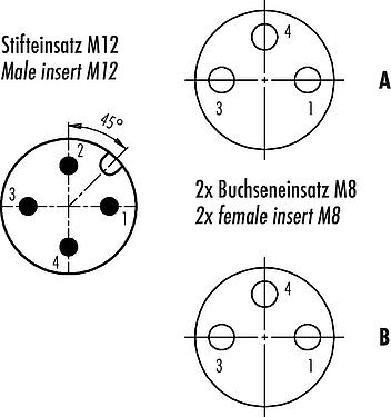 Contact arrangement (Plug-in side) M12/M8 Twin distributors Y-distributor, male connector - 2 female connector, Contacts: 4/3, unshielded, pluggable, IP68, UL 2238