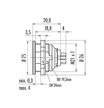 Maßzeichnung Push Pull Flanschdose, Polzahl: 8, schirmbar, löten, IP67, M21x1,0, Frontmontage