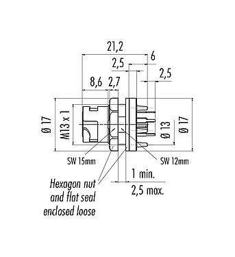 Scale drawing Bayonet Female panel mount connector, Contacts: 5, unshielded, THT, IP54 unplugged, M13x1,0, Rear mounting