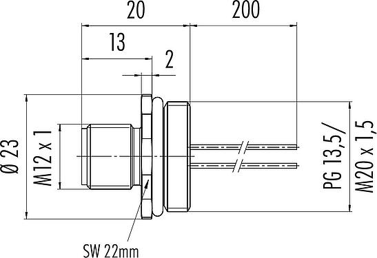 Scale drawing M12 Male panel mount connector, Contacts: 12, unshielded, single wires, IP68, UL 2238, M20x1.5, Front mounting, potted