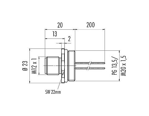 Scale drawing 76 0431 0111 00012-0200 - M12 Male panel mount connector, Contacts: 12, unshielded, single wires, IP68, UL, M20x1.5