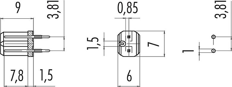 縮尺図 オスレセプタクル, 極数: 2, 非シールド, THT, IP67