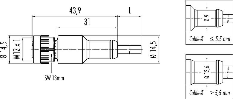 比例圖 M12 直頭孔頭電纜連接器, : 12, 非遮罩, 預鑄電纜, IP68/IP69K, UL 2238, PUR, 黑色, 12x0.25mm², 5m