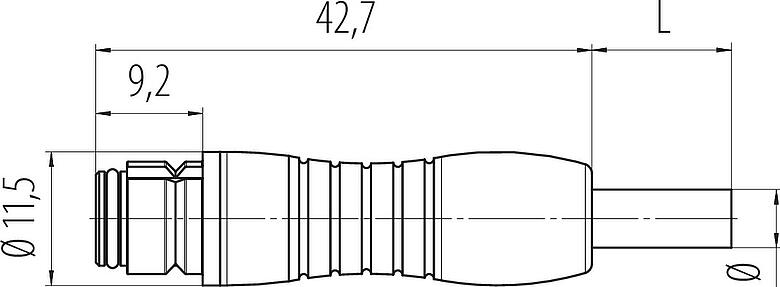 Méretarányos rajz Snap-In kábel aljzat, : 3, árnyékolatlan, kábelre öntött, IP67, UL 2238, PUR, fekete, 3 x 0,25 mm², 2 m