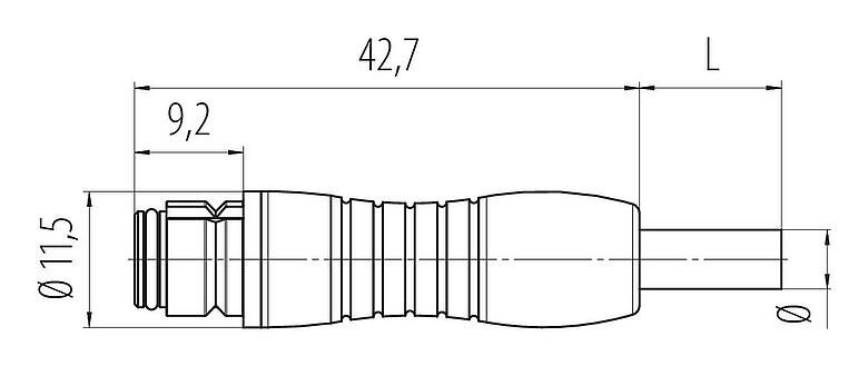 Maßzeichnung Snap-In Kabeldose, Polzahl: 3, ungeschirmt, am Kabel angespritzt, IP67, UL 2238, PUR, schwarz, 3 x 0,25 mm², 2 m