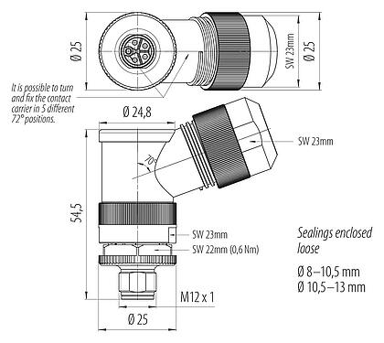 Dessin coté M12 Connecteur mâle coudé, Contacts: 4+PE, 8,0-13,0 mm, non blindé, pince à visser, IP67, UL 2237 en préparation, avec connexion PE
