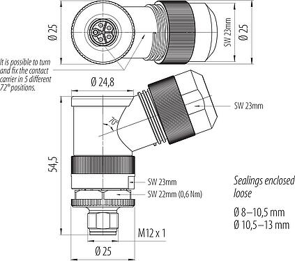 Schaaltekening M12 Male haakse connector, aantal polen: 4+PE, 8,0-13,0 mm, onafgeschermd, schroefklem, IP67, UL 2238
