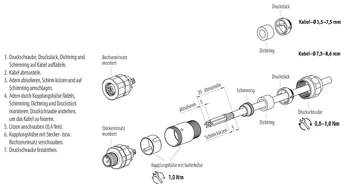 Montageanleitung M12 Kabelstecker, Polzahl: 4, 5,5-8,6 mm, schirmbar, schraubklemm, IP68/IP69K, UL 2238, Ecolab, Edelstahl, mit Schirmring