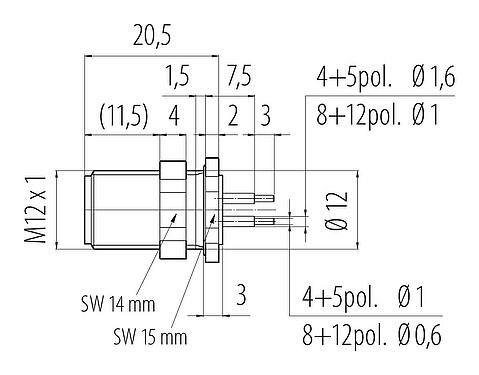 Méretarányos rajz M12 panelre szerelhető csatlakozó, : 4, árnyékolatlan, THT, IP68, UL 2238, M12x1,0, hátsó panel felszerelés