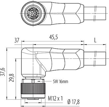 Méretarányos rajz M12 derékszögű aljzat, : 4+FE, árnyékolatlan, kábelre öntött, IP68, UL 2238, PUR, fekete, 5 x 1,50 mm², 5 m