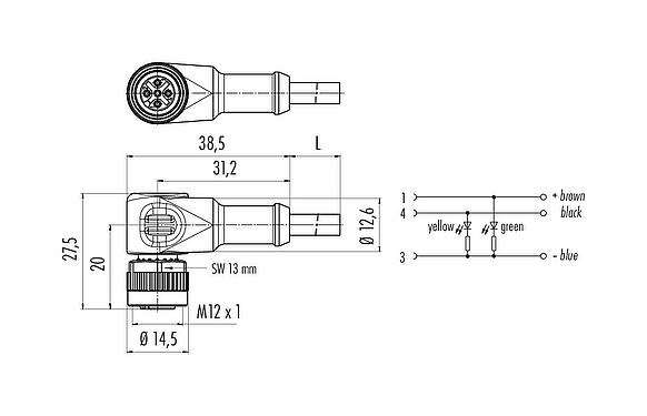 Schaaltekening M12 Female haakse connector, aantal polen: 3, onafgeschermd, aan de kabel aangegoten, IP68/IP69K, UL 2238, PVC, grijs, 3 x 0,34 mm², met LED PNP, 2 m