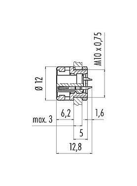 Maßzeichnung Bajonett Flanschdose, Polzahl: 3, ungeschirmt, löten, IP40, M10x0,75, Frontmontage