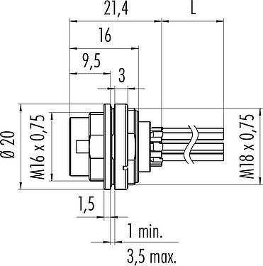 Dessin coté M16 Embase mâle, Contacts: 4 (04-a), non blindé, fils, IP67, UL 2238, M18x0,75, Montage frontal