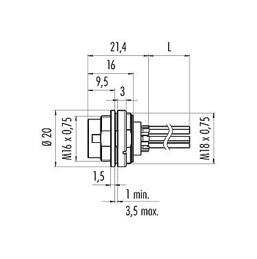 Dibujo a escala M16 Enchufe de brida, Número de contactos: 6 (06-a), sin blindaje, hilos, IP67, UL 2238, M18x0,75, Montaje frontal