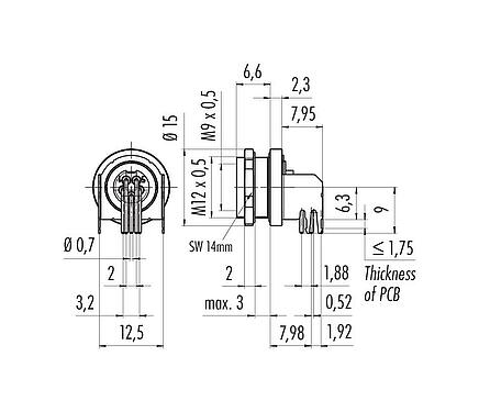 Scale drawing M9 Female angled panel mount connector, Contacts: 5, shieldable, THT, IP67, Rear mounting