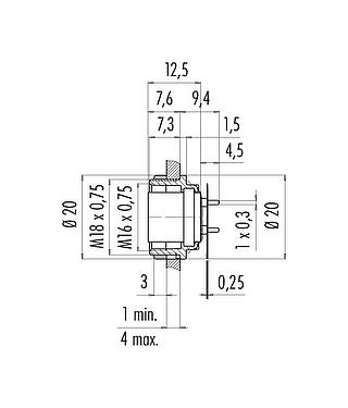Desenho da escala M16 Soquete de flange, Contatos: 7 (07-a), desprotegido, THT, IP40, M18x0,75, Montagem no painel traseiro