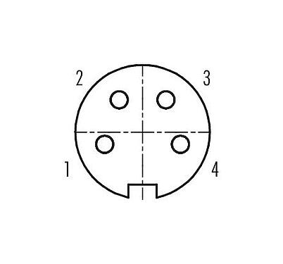 Disposition des contacts (Côté plug-in) 09 0112 300 04 - M16 Embase femelle, carré, Contacts: 4 (04-a), non blindé, souder, IP67, UL