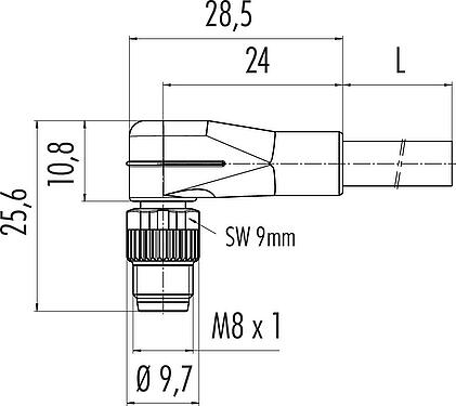 Scale drawing M8 Male angled connector, Contacts: 8, unshielded, moulded on the cable, IP67, UL 2238, PVC, grey, 8 x 0.25 mm², 2 m