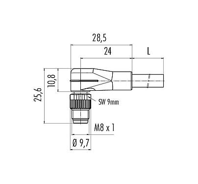 Scale drawing 77 3403 0000 20003-0200 - M8 Male angled connector, Contacts: 3, unshielded, moulded on the cable, IP67, UL, PVC, grey, 3 x 0.34 mm², 2 m
