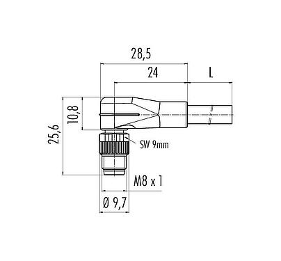 Disegno in scala M8 Connettore angolare maschio, Numero poli: 5, non schermato, stampato sul cavo, IP67/IP69K, UL 2238, PUR, nero, 5 x 0,34 mm², 2 m