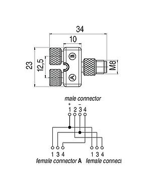 比例图 M8 双分线盒,Y 型分配器, 针头连接器 - 2 孔头连接器, 极数: 4/3, 非屏蔽, 插拔式, IP68, UL 2238