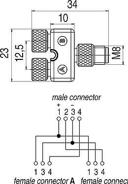 Scale drawing M8 Twin distributors Y-distributor, male connector - 2 female connector, Contacts: 4/3, unshielded, pluggable, IP68, UL 2238