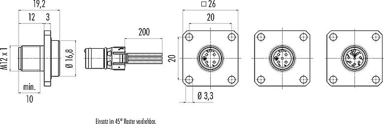 Maßzeichnung M12 Vierkant-Flanschstecker, Polzahl: 4, ungeschirmt, Litzen, IP69k, IP68, IP67, UL 2238, M3 (4x), Frontmontage, Vierkantgehäuse 26 mm, Kodierungsausrichtung positionierbar