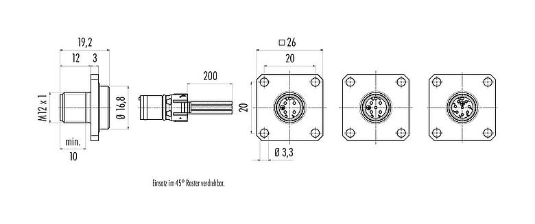 Maßzeichnung M12 Vierkant-Flanschstecker, Polzahl: 8, ungeschirmt, Litzen, IP69k, IP68, IP67, UL 2238, M3 (4x), Frontmontage, Vierkantgehäuse 26 mm, Kodierungsausrichtung positionierbar