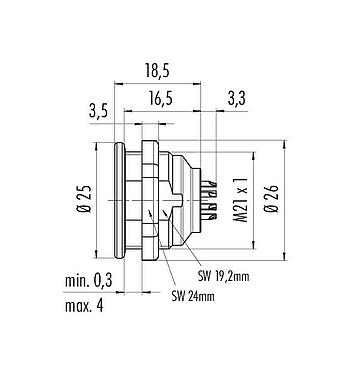 Maßzeichnung Push Pull Flanschstecker, Polzahl: 12, schirmbar, löten, IP67, M21x1,0, Frontmontage