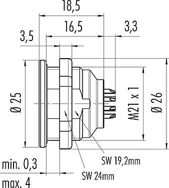 Skalritning Push Pull Flänsplugg, antal poler: 14, oskärmad, lödning, IP67, M21x1,0, Frammontering