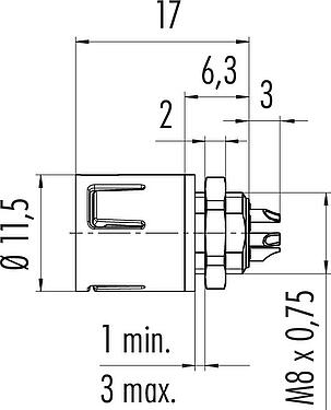 Mittakaavapiirustus Snap-In Laippapistoke, Napojen määrä: 3, suojaamaton, juotos, IP67, UL 2238, M8x0,75, Etukiinnitys