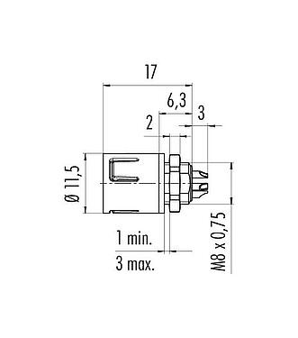 Maßzeichnung Snap-In Flanschstecker, Polzahl: 5, ungeschirmt, löten, IP67, M8x0,75, Frontmontage