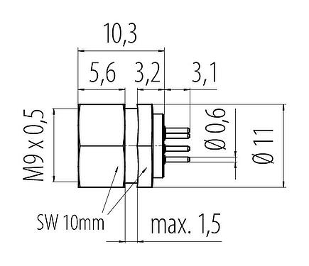 Dessin coté M9 Embase femelle, Contacts: 7, non blindé, THT, IP40, M9x0,5, Montage frontal