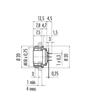 Scale drawing M16 Female panel mount connector, Contacts: 8 (08-a), unshielded, THT, IP68, M18x0,75, Rear mounting