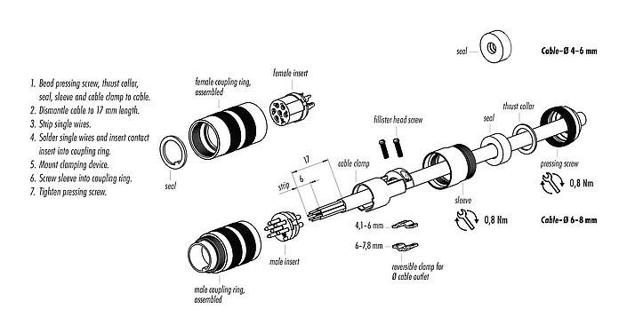 Instrução de montagem M16 Plugue de cabo, Contatos: 3 (03-a), 4,1-7,8 mm, blindável, solda, IP68, UL 2238, Versão curta