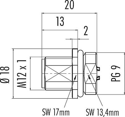 Dessin coté M12 Embase mâle, Contacts: 8, non blindé, souder, IP68, UL 2238, PG 9, Montage frontal