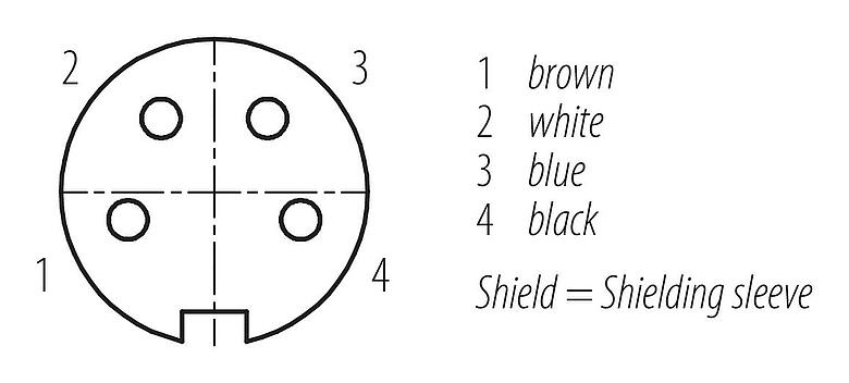 Contact arrangement (Plug-in side) M16 Female angled connector, Contacts: 4, shielded, moulded on the cable, IP67, PUR, black, 4 x 0.34 mm², 2 m