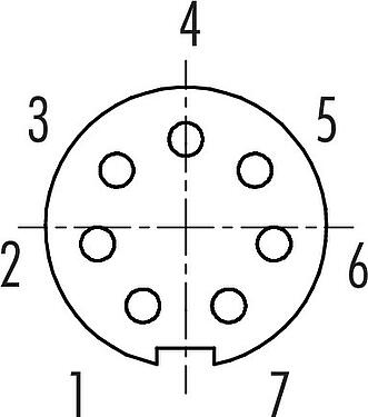 Koskettimien järjestys (plug in -puoli) Pistin Kaapelirasia, Napojen määrä: 7, 3,0-4,0 mm, suojaamaton, juotos, IP40