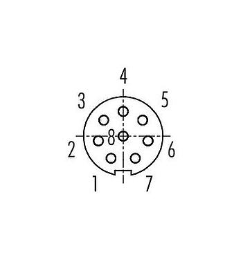 Polbild (Steckseite) M9 Flanschdose, Polzahl: 8, ungeschirmt, THT, IP40, M9x0,5, Frontmontage
