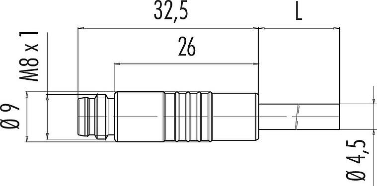 Maßzeichnung M8 Kabelstecker, Polzahl: 4, ungeschirmt, am Kabel angespritzt, IP65, PUR, schwarz, 4 x 0,34 mm², Snap-in Version, 5 m
