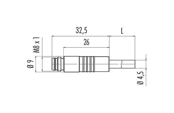 Maßzeichnung M8 Kabelstecker, Polzahl: 3, ungeschirmt, am Kabel angespritzt, IP65, PVC, schwarz, 3 x 0,25 mm², Snap-in Version, 5 m