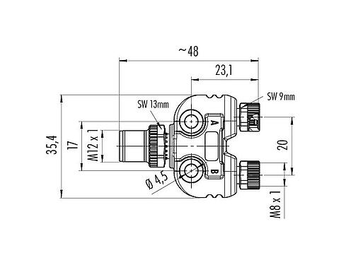 Bản vẽ tỷ lệ M12/M8 Tủ phân phối đôi, bộ phân phối Y, đầu nối đực - 2 đầu nối cái, Số lượng cực : 4/3, không có chống nhiễu, có đầu nối, IP68, UL 2238, với ĐÈN LED PNP