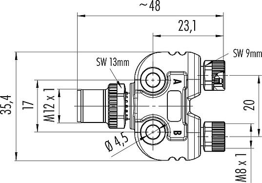 Scale drawing M12/M8 Twin distributors Y-distributor, male connector - 2 female connector, Contacts: 4/3, unshielded, pluggable, IP68, UL 2238, with LED PNP