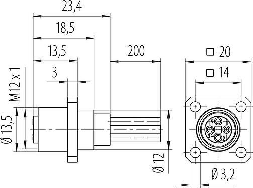 Schaaltekening M12 Female vierkant-flens, aantal polen: 4, onafgeschermd, draden, IP40, UL 2238, M3 (4x), Frontaansluiting, gegoten