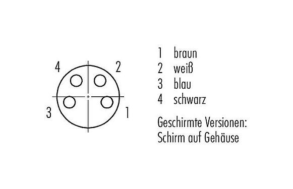 Polbild (Steckseite) M8 Kabeldose, Polzahl: 4, geschirmt, am Kabel angespritzt, IP67/IP69K, M8x1,0, PUR, schwarz, 4 x 0,34 mm², 5 m